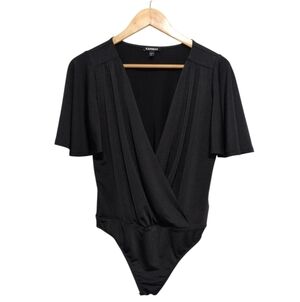EXPRESS Satin Black Flutter Sleeve Wrap Front Bodysuit Women's Size Small